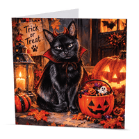 Halloween cat card featuring a black cat in vampire cape beside a pumpkin bucket of sweets