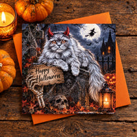 Halloween grey cat card featuring a fluffy cat with devil horns, skulls and glowing lantern