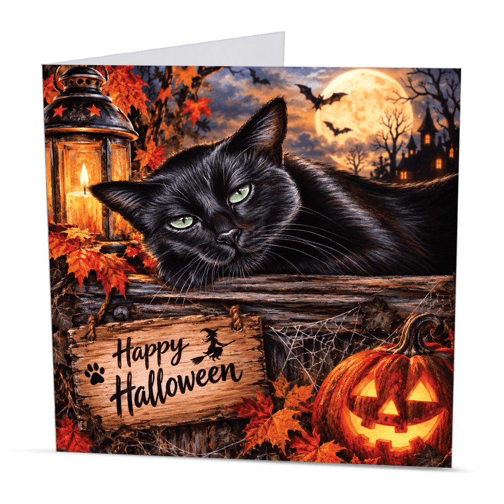 Halloween black cat card featuring a vampire cat with pumpkin, lantern and Trick or Treat sign