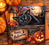 Trick or Treat Halloween card with black cat, pumpkin bucket of sweets and autumn leaves