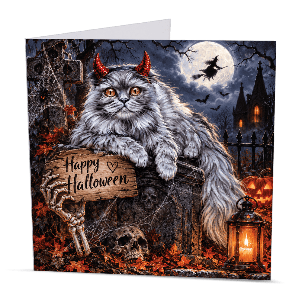 Gothic Halloween cat card with long-haired grey cat, full moon, witch and pumpkins