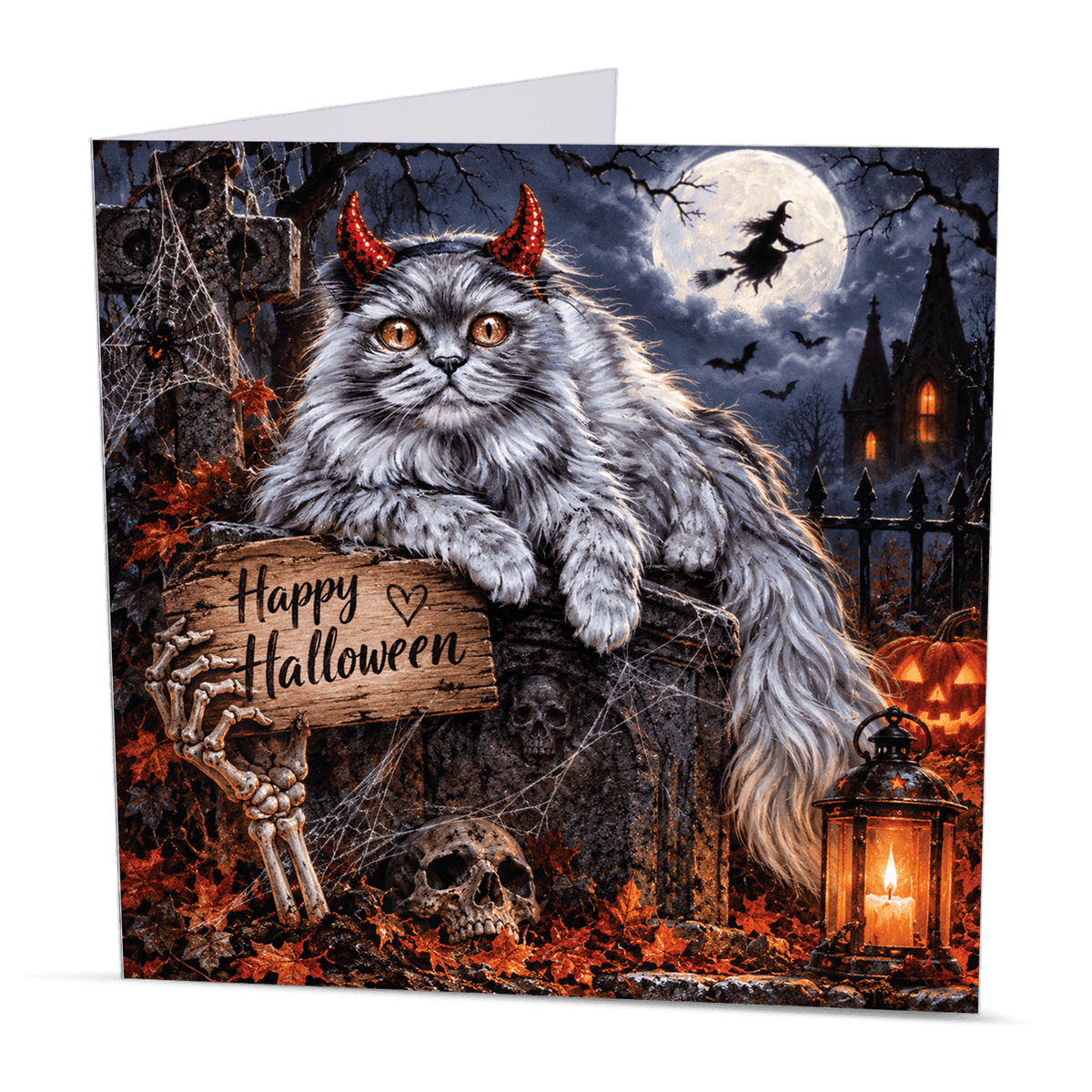Gothic Halloween cat card with long-haired grey cat, full moon, witch and pumpkins