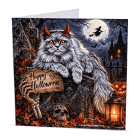 Gothic Halloween cat card with long-haired grey cat, full moon, witch and pumpkins