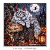 Spooky grey cat Halloween greeting card with cobwebs, skulls and autumn leaves