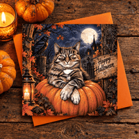 Tabby cat Halloween greeting card with pumpkin, raven, glowing lantern and autumn leaves
