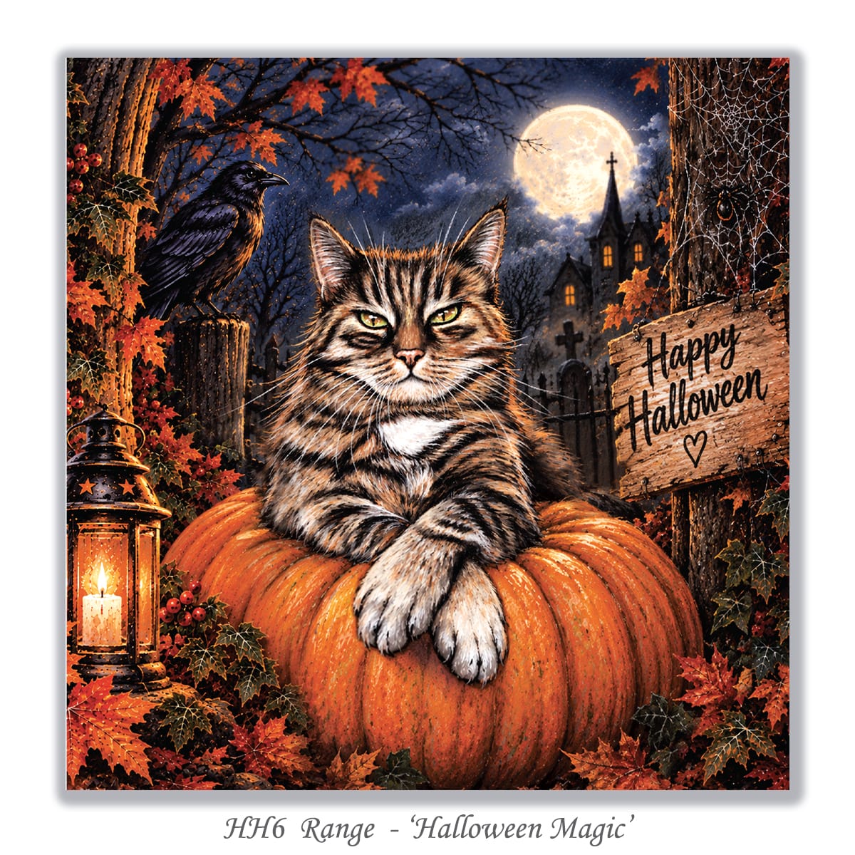Halloween cat card featuring a tabby cat on a pumpkin in a magical moonlit autumn scene