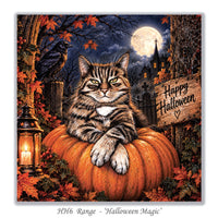 Halloween cat card featuring a tabby cat on a pumpkin in a magical moonlit autumn scene