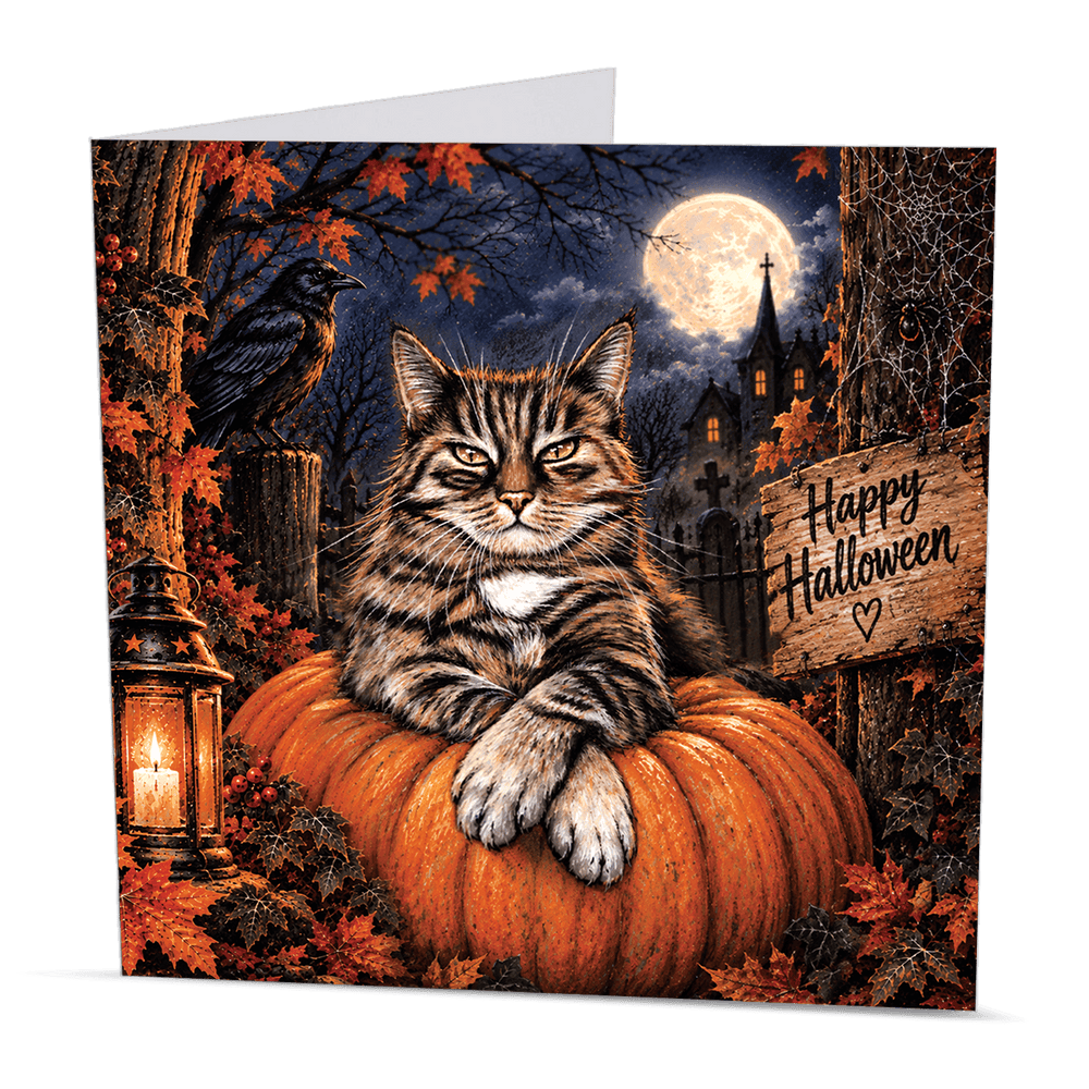 Halloween tabby cat card featuring a cat sitting on a pumpkin beneath a full moon