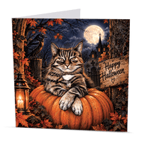 Halloween tabby cat card featuring a cat sitting on a pumpkin beneath a full moon