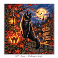 Halloween card for cat lovers featuring a black cat, pumpkins and magical autumn night