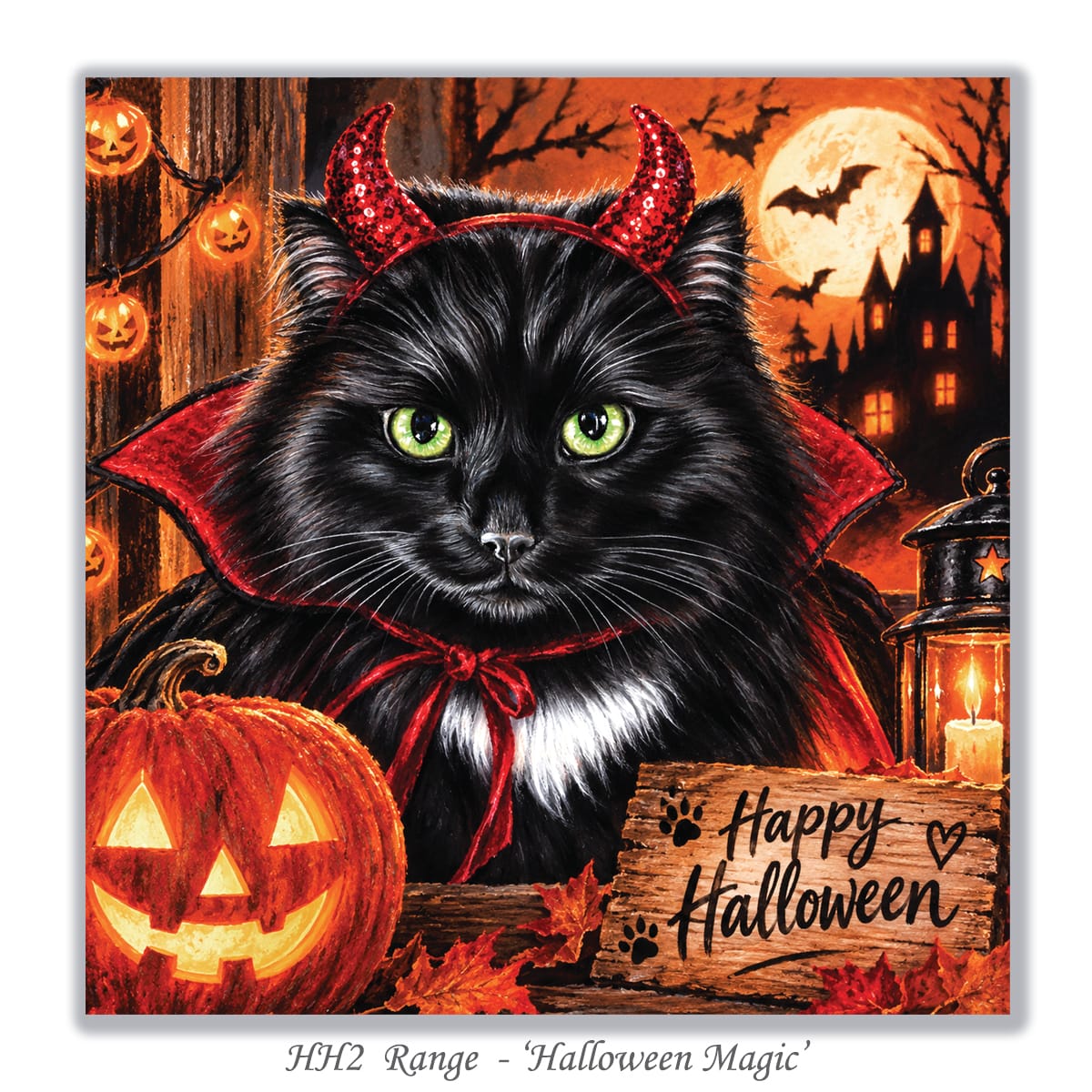 Vampire cat Halloween card for cat lovers featuring a black cat in a colourful autumn scene