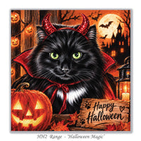 Vampire cat Halloween card for cat lovers featuring a black cat in a colourful autumn scene