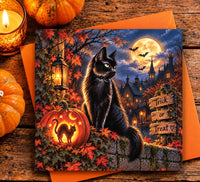 Black cat Halloween card with pumpkins, full moon and Trick or Treat message