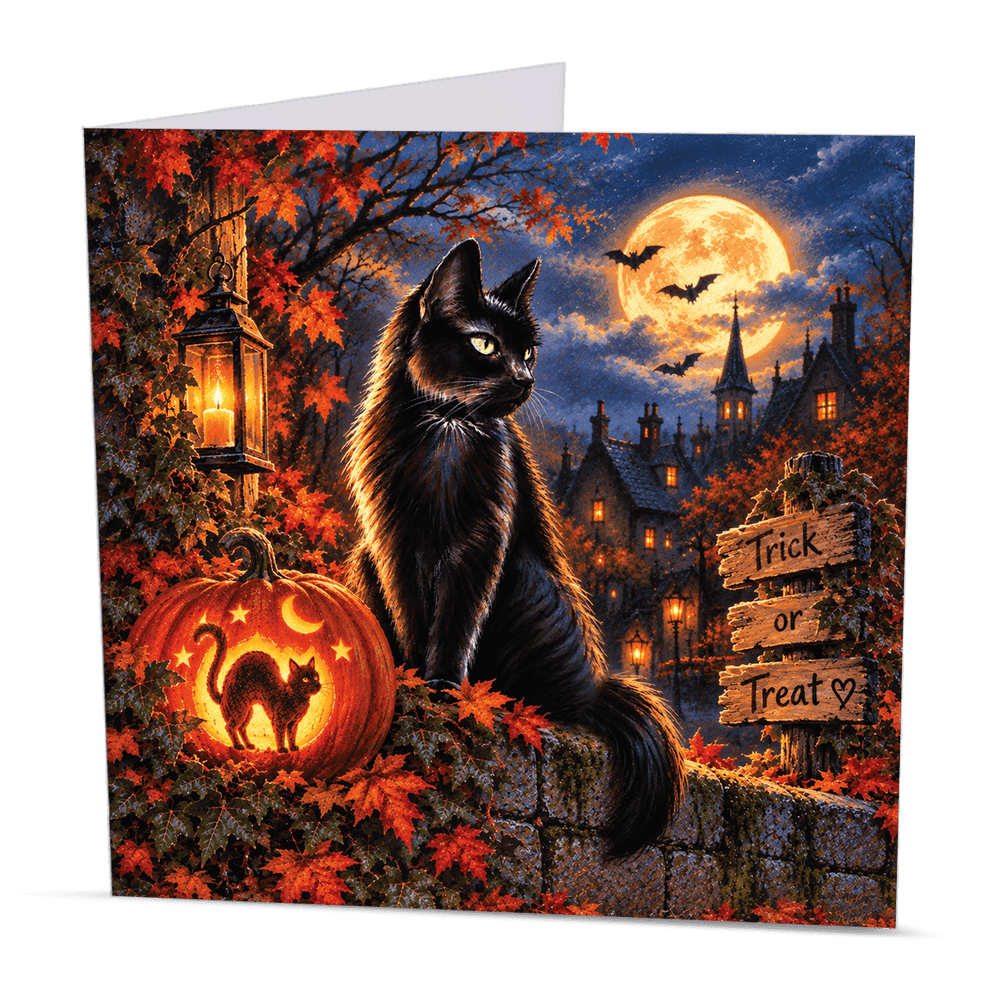 Trick or Treat black cat card with moonlit Halloween scene and jack-o'-lanterns