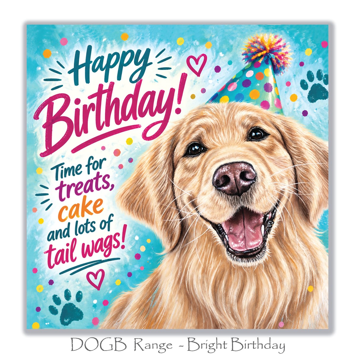 Colourful dog birthday greeting card with a smiling Golden Retriever, bright turquoise background, party confetti, hearts and paw prints.