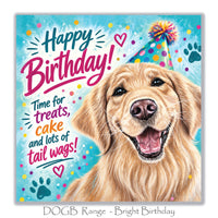Colourful dog birthday greeting card with a smiling Golden Retriever, bright turquoise background, party confetti, hearts and paw prints.