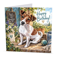 Square 15 x 15 cm Jack Russell birthday card featuring original dog artwork by Irisha, printed on premium 350 gsm textured cardstock.
