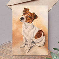 Jack Russell fine art greeting card featuring a thoughtful terrier portrait looking to the side, created from original artwork by Irisha.