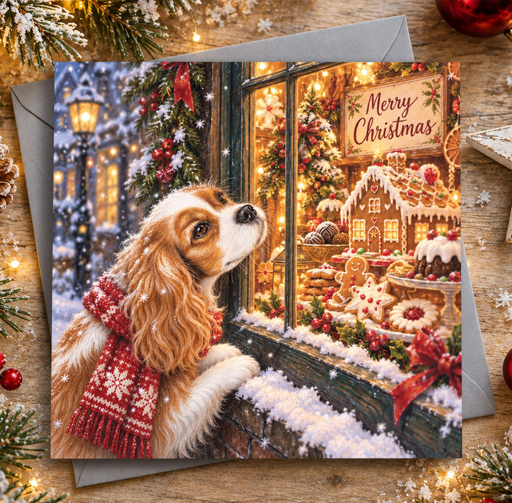 Cavalier King Charles Spaniel Christmas card featuring a brown and white dog wearing a red scarf beside a festive bakery window