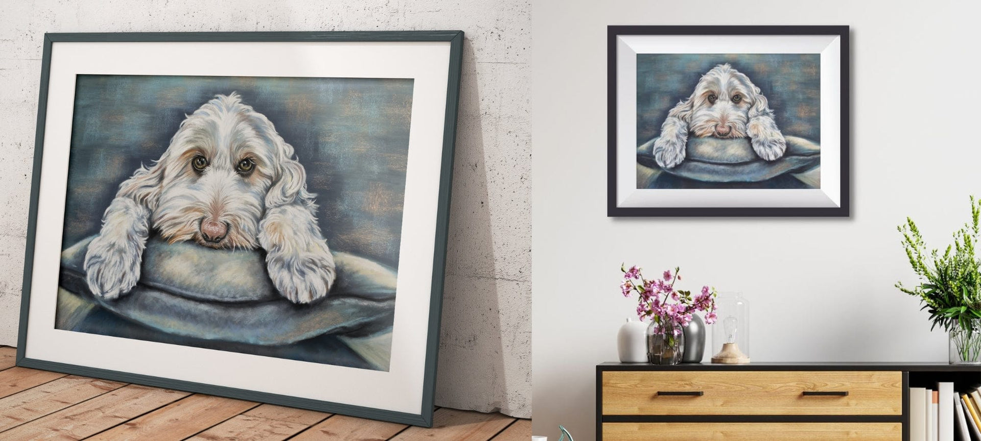 White Labradoodle framed art print on the wall – fine art reproduction of original painting by Irisha