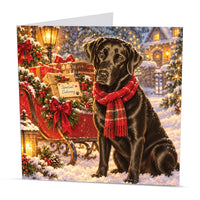 Square Black Labrador Christmas greeting card featuring a snowy Christmas scene and a sleigh with Special Delivery gifts