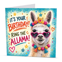 Square 15 x 15 cm humorous llama birthday card featuring original animal artwork by Irisha, printed on premium 350 gsm textured cardstock.