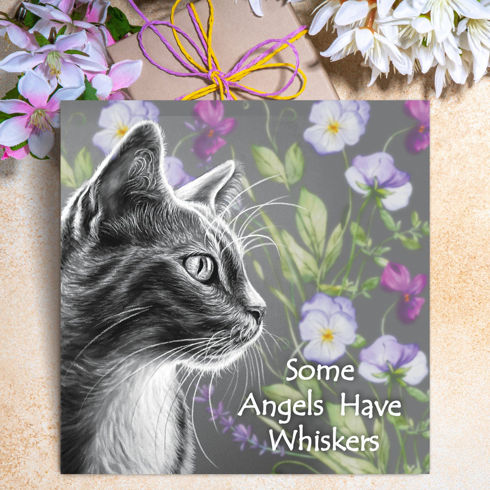 Cat loss greeting card with a cat illustration and floral design, featuring the text 'Some Angels Have Whiskers'.