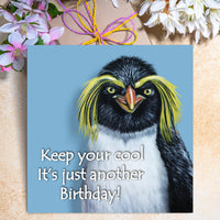 Humorous penguin greeting card featuring a quirky macaroni penguin illustration, perfect for birthdays with a sense of fun.