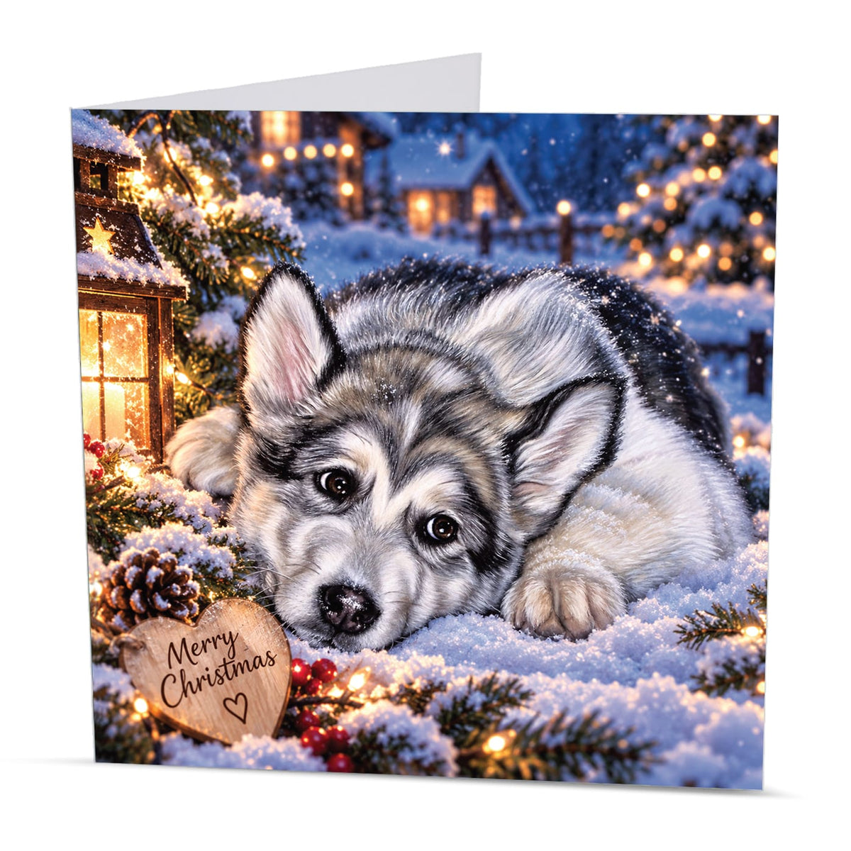 Beautiful dog Christmas greeting card with a fluffy Alaskan Malamute puppy, snowy evergreen branches, glowing fairy lights and a magical winter village.
