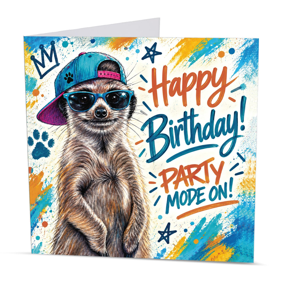Square 15 x 15 cm funny meerkat birthday card featuring original wildlife artwork by Irisha, printed on premium 350 gsm textured cardstock.