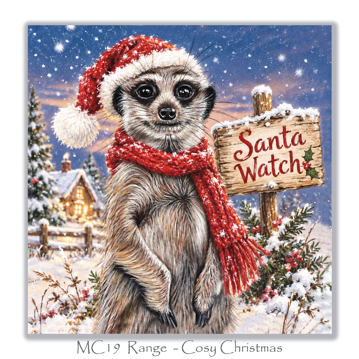 Christmas card for meerkat lovers showing a meerkat keeping watch for Santa beside a wooden Santa Watch sign