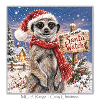 Christmas card for meerkat lovers showing a meerkat keeping watch for Santa beside a wooden Santa Watch sign