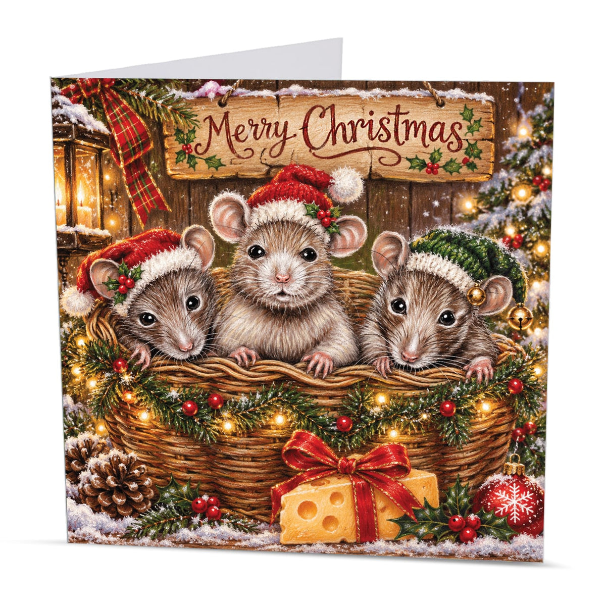 Square Christmas greeting card featuring three mice in a decorated basket with a Merry Christmas sign and a cheese gift