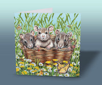 Charming animal art greeting card with three sweet mice in a basket surrounded by colourful flowers and buzzing bees.