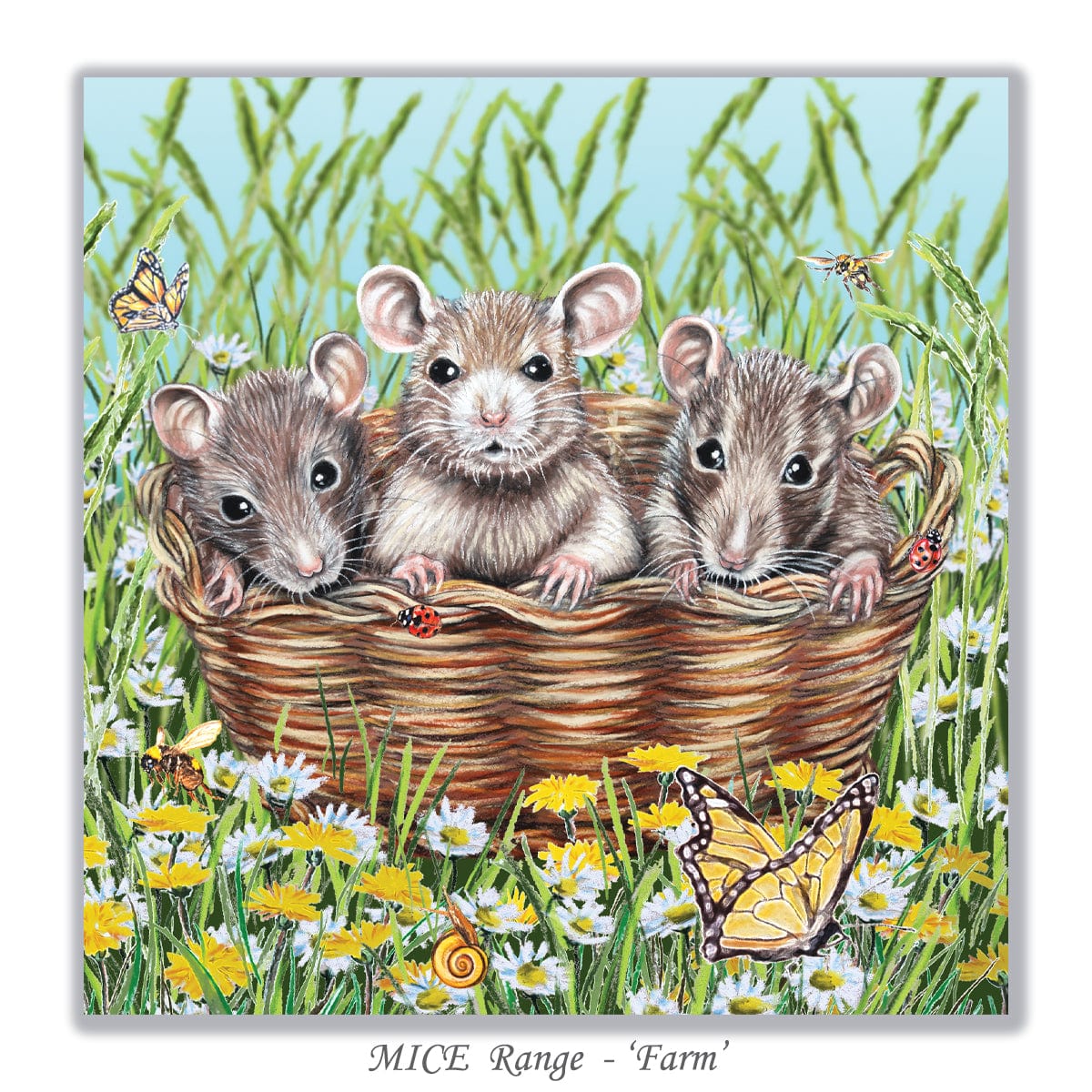 Unique mouse lover card created from original artwork by Irisha, showing three mice with flowers, butterflies, and bees.