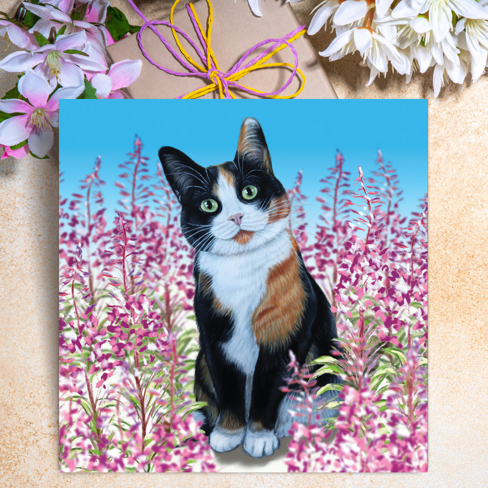 multi-coloured cat greeting card