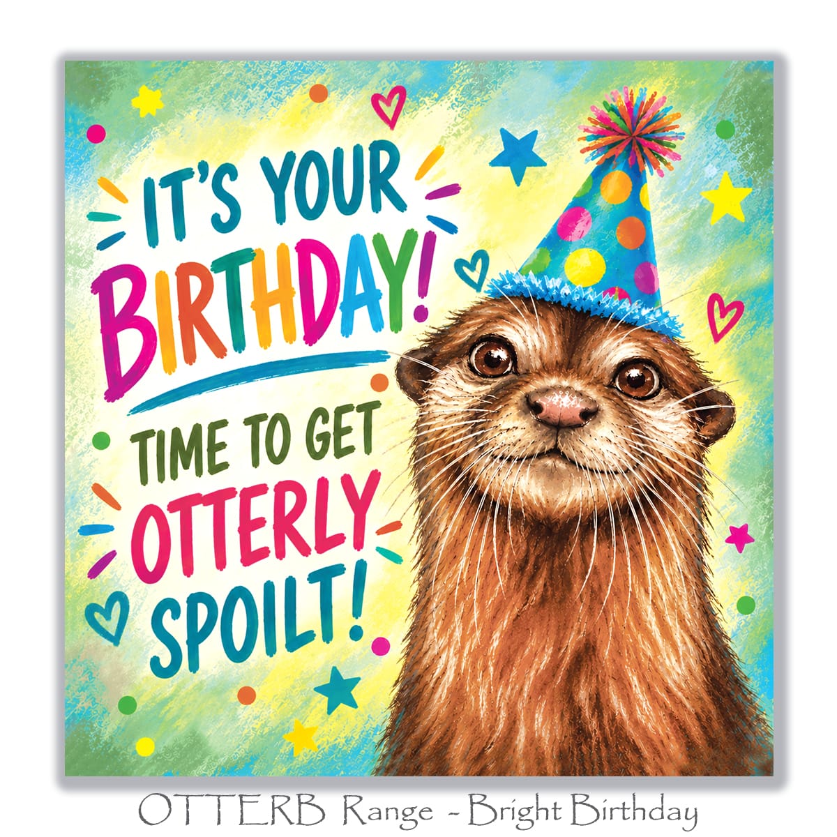 Colourful otter birthday greeting card with an adorable otter, bright polka dot party hat, playful confetti, stars and turquoise green background.