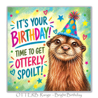 Colourful otter birthday greeting card with an adorable otter, bright polka dot party hat, playful confetti, stars and turquoise green background.