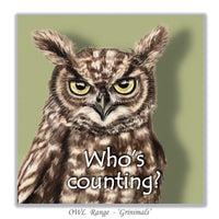 Humorous bird birthday card featuring an expressive illustrated owl, perfect for owl lovers and animal lovers.