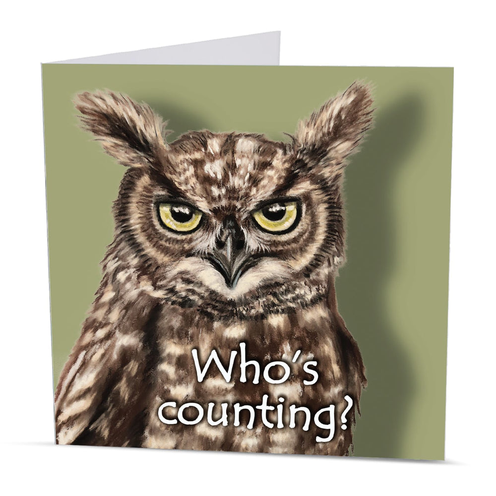 Quirky owl birthday card with original bird artwork by Irisha on a soft green background.
