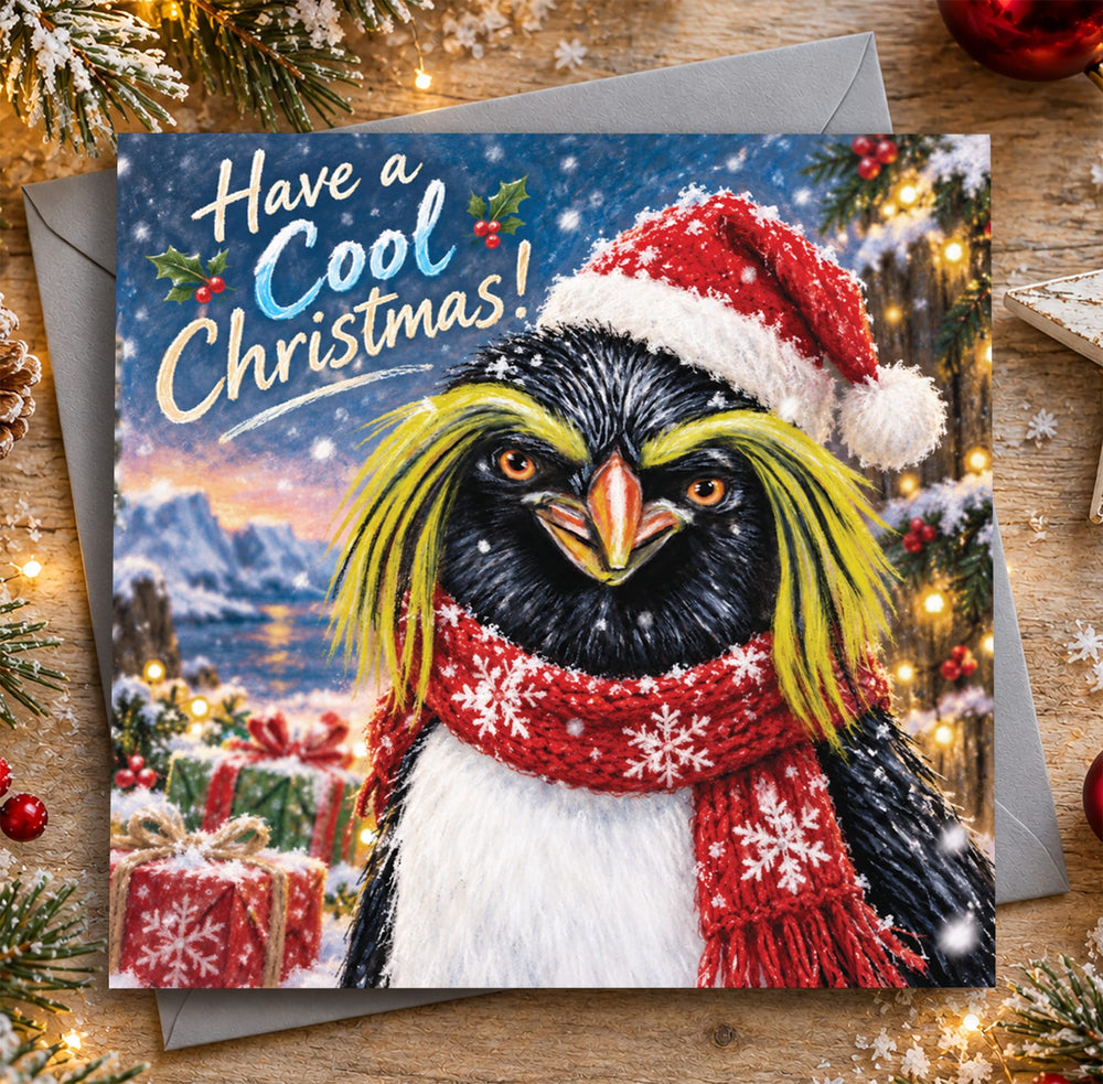 Rockhopper Penguin Christmas card featuring a penguin wearing a red Santa hat and festive scarf