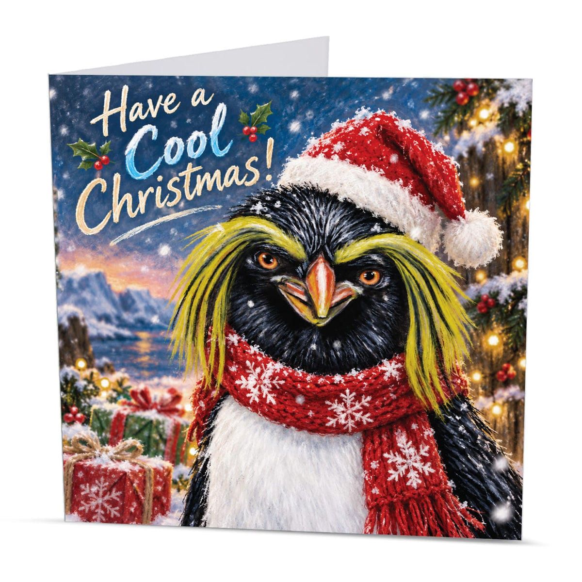 Funny penguin Christmas card with a yellow-crested Rockhopper Penguin and Have a Cool Christmas message