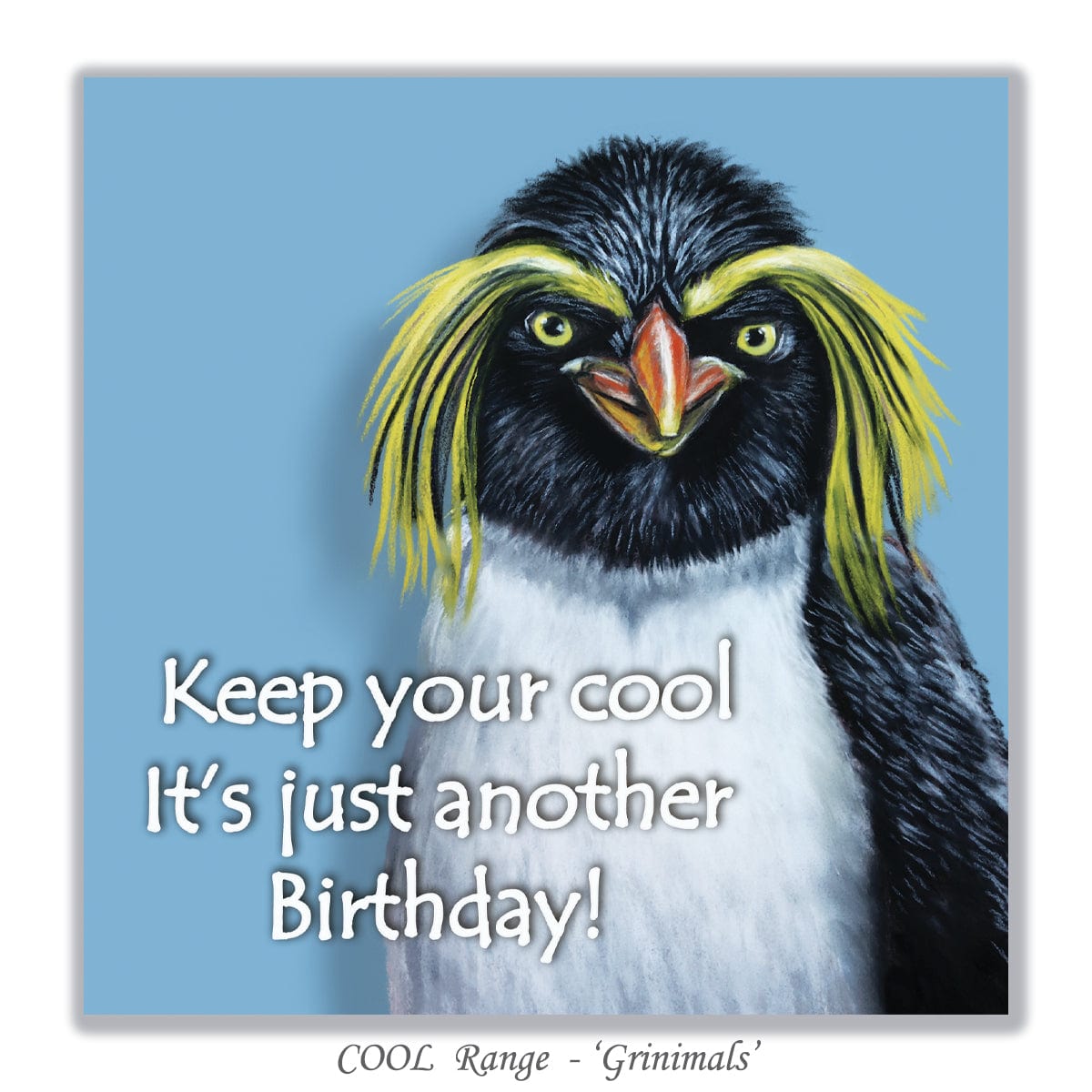Unique macaroni penguin art birthday card created from original artwork by Irisha, with playful text and cool character.