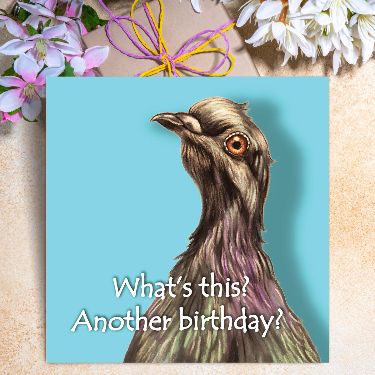 Funny pigeon birthday card featuring an illustrated pigeon with colourful plumage and the caption “What’s this? Another birthday?”