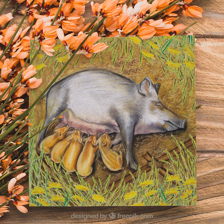 Piglets Nurturing - Farm Life Greeting Card