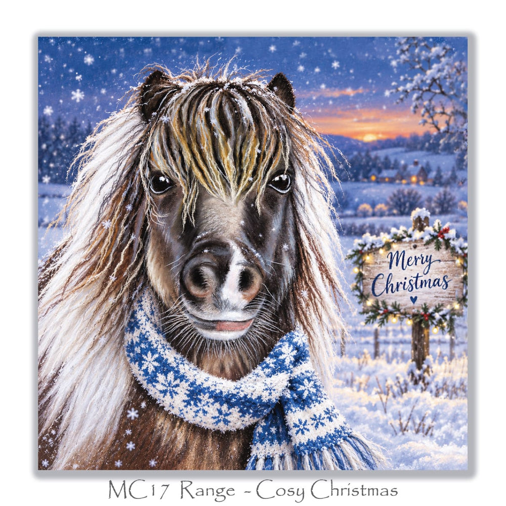 Christmas card for horse and pony lovers showing a cute Shetland Pony in a snowy countryside at sunset