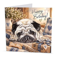 Square 15 x 15 cm Pug birthday card featuring original dog artwork by Irisha, printed on premium 350 gsm textured cardstock.