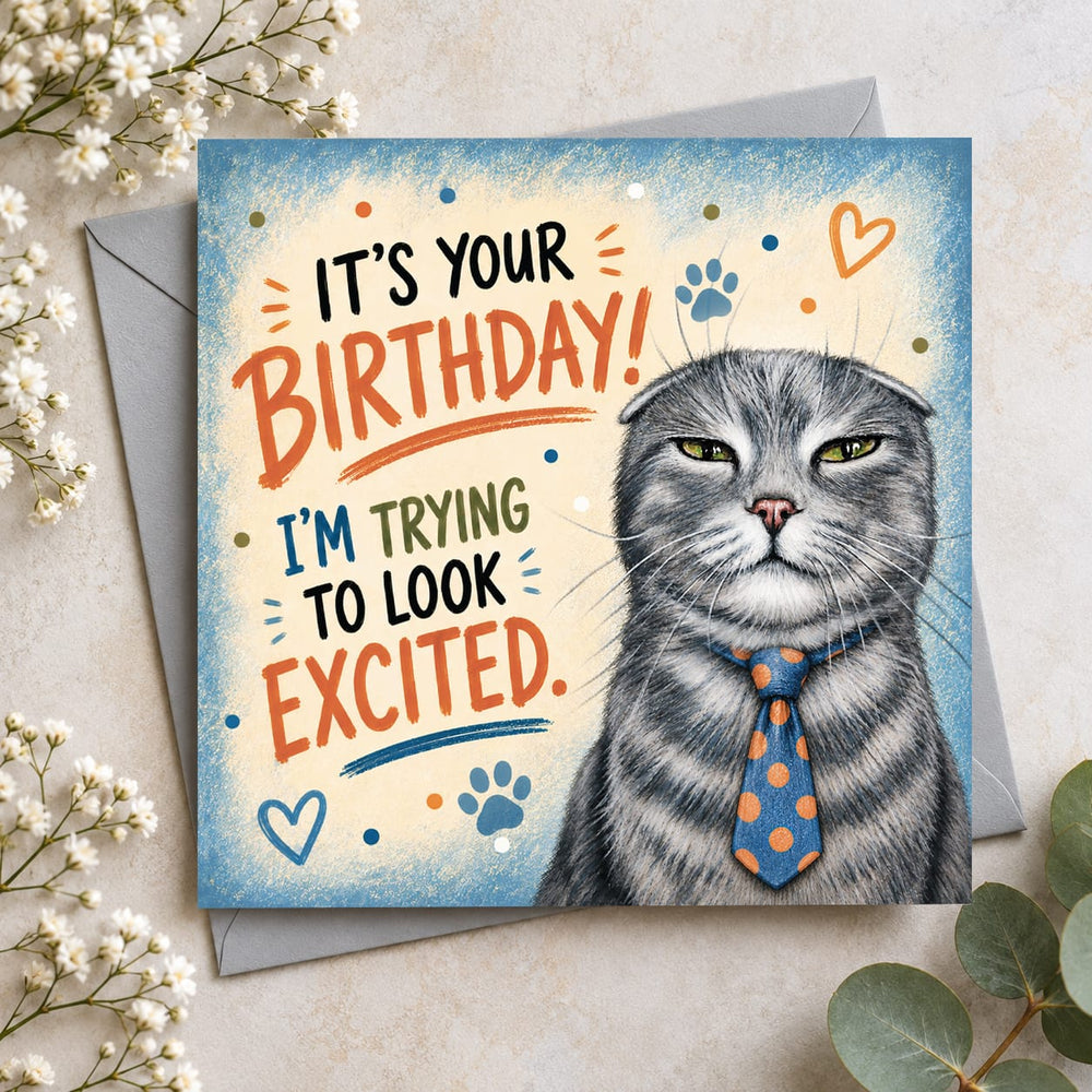 Humorous grey cat birthday greeting card with a sarcastic expression, colourful lettering, blue background, hearts and paw prints.