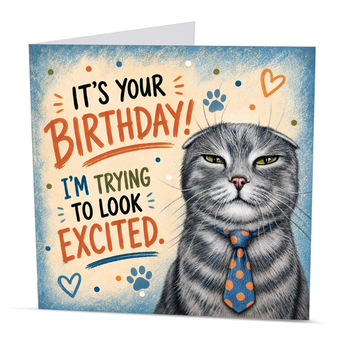 Square 15 x 15 cm funny cat birthday card featuring original grey cat artwork by Irisha, printed on premium 350 gsm textured cardstock.
