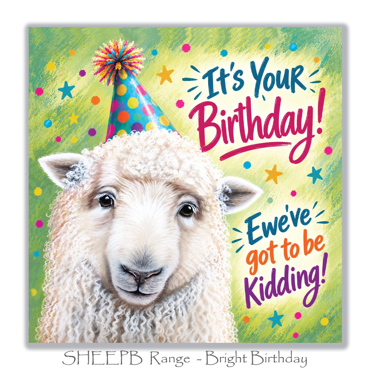 Square 15 x 15 cm sheep birthday card featuring original animal artwork by Irisha, printed on premium textured cardstock.